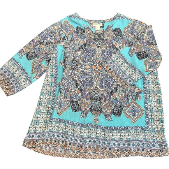 Cynthia rowley- 1x women’s top blouse- blue boho semi sheer 3/4 sleeve - Picture 1 of 10